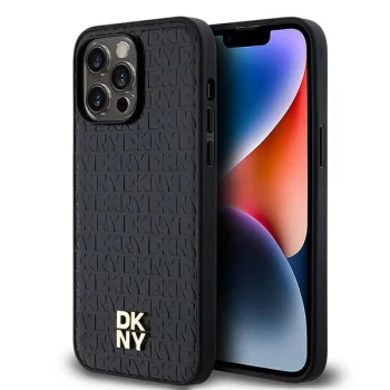 DKNY Leather Monogram Pattern dėklas iPhone 14 Pro Max su MagSafe, juodas