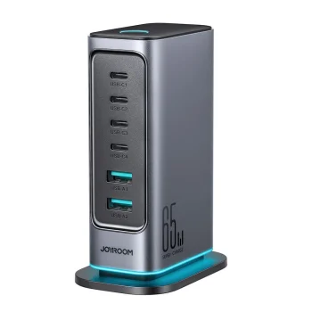Joyroom JR-TCM02 GaN 65W įkrovimo stotelė (4x USB-C, 2x USB-A, UK kištukas), pilka