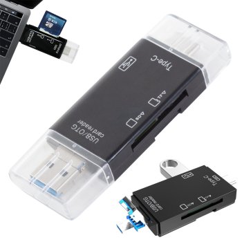 Compact SD and MicroSD Card Reader with USB, USB-C, Micro USB, black