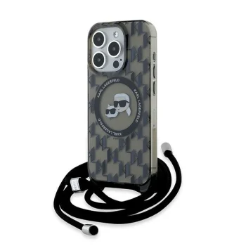 Karl Lagerfeld dėklas iPhone 15 Pro su MagSafe ir virvele, juodas