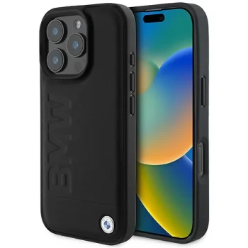 BMW iPhone 16 Pro dėklas Leather Hot Stamp MagSafe, juodas