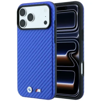 Dėklas BMW M Carbon Metal Logo MagSafe skirtas iPhone 17 Pro / 18 Pro, mėlynas