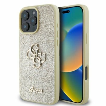 Guess Fixed Glitter Big 4G dėklas iPhone 16 Pro Max telefonui, auksinis