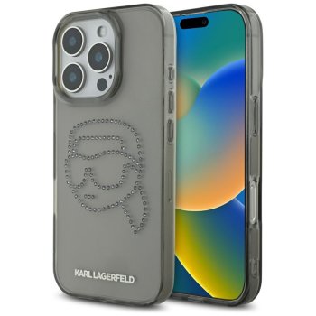 Karl Lagerfeld IML Rhinestones Karl Head dėklas iPhone 16 Pro telefonui, juodas