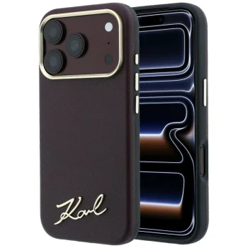 Karl Lagerfeld Saffiano Small Script MagSafe dėklas iPhone 17 Pro / 18 Pro, bordo