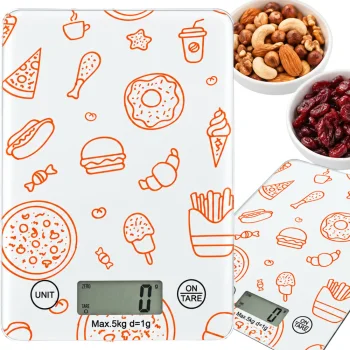 Elektroninės stiklinės virtuvinės svarstyklės 5 kg / 1 g su taros funkcija ir LCD ekranu