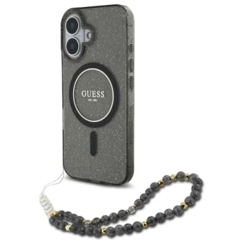 Guess iPhone 16 Case IML Glitter With Pearl Strap MagSafe, Black