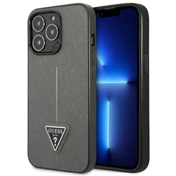 Guess Saffiano Triangle Logo dėklas iPhone 14 Pro Max, sidabrinis