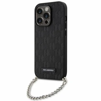 Karl Lagerfeld dėklas iPhone 14 Pro su metaline grandinėle, juodas