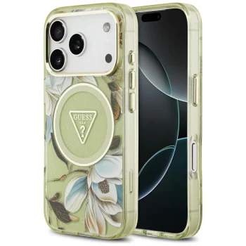 Guess IML Glitter Flowers Triangle MagSafe dėklas iPhone 17 Pro / 18 Pro, žalias