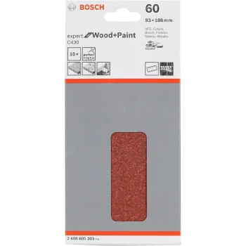 Šlifavimo lapeliai Bosch C 430 medienai ir lakui, 93x186 mm, P60, 8 skylės, 10 vnt.