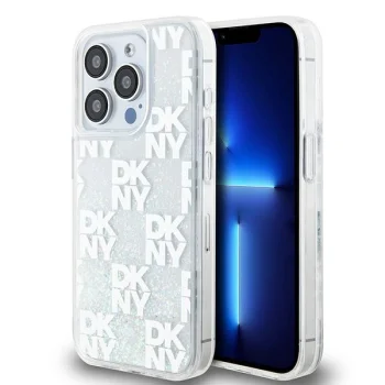 DKNY dėklas iPhone 15 Pro telefonui Liquid Glitter Multilogo, rožinis