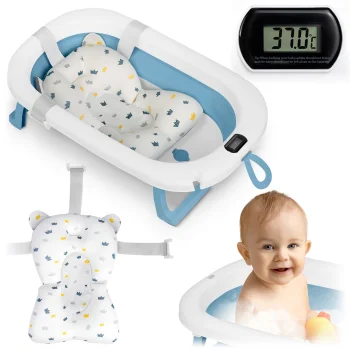 Sulankstoma kūdikių vonelė Ricokids RK-287 su termometru ir pagalvėle, balta/mėlyna