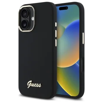 Guess Silicone Script Metal Logo & Frame Case for iPhone 16, Black