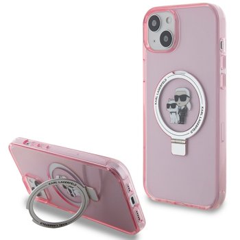 Karl Lagerfeld dėklas iPhone 15 su MagSafe ir žiedu Karl&Choupette, rožinis