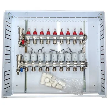 Grindinio šildymo kolektorius 9 kontūrų su NC AC230V pavaromis ir debitomačiais