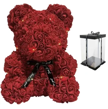 Rose Teddy Bear with Heart and LED Lights 25 cm, Red