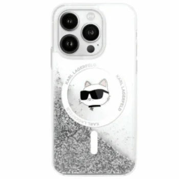 Karl Lagerfeld Liquid Glitter Choupette dėklas iPhone 16 telefonui, skaidrus