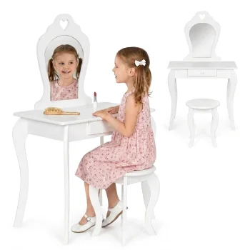 ECOTOYS Children's Wooden Vanity Table with Mirror and Stool, White
