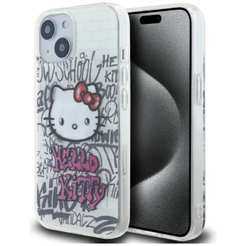 Dėklas Hello Kitty IML Kitty On Bricks Graffiti skirtas iPhone 15, baltas