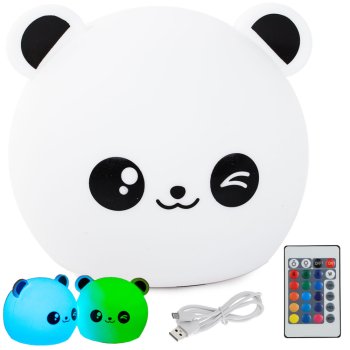 Vaikiška LED naktinė lemputė Panda RGB su pulteliu, balta