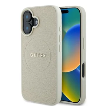 Guess Grained Ring MagSafe dėklas telefonui iPhone 16, smėlio spalvos
