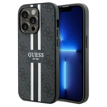 Guess dėklas iPhone 15 Pro Max telefonui 4G Printed Stripes MagSafe, juodas