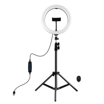 LED žiedinė lempa 26cm su stovu iki 1.1m ir telefono laikikliu, USB
