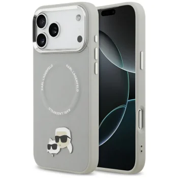 Karl Lagerfeld Karl & Choupette Pins MagSafe dėklas iPhone 17 Pro, pilkas