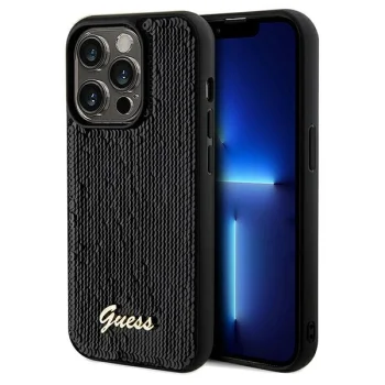 Guess dėklas iPhone 14 Pro telefonui Sequin Script Metal, juodas