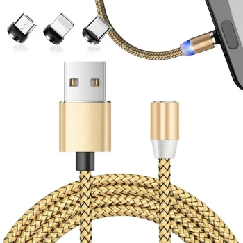 Magnetinis įkrovimo laidas 3-in-1 (Micro USB, Type-C, Lightning), 1m, auksinis