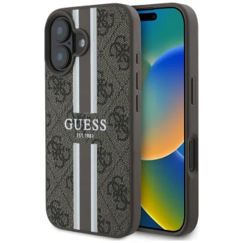 Guess 4G Printed Stripes MagSafe dėklas, skirtas iPhone 16, rudas