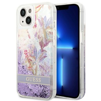 Guess Flower Liquid Glitter dėklas, skirtas iPhone 14 Plus, violetinis