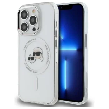 Karl Lagerfeld dėklas iPhone 14 Pro Max telefonui Metal Karl & Choupette MagSafe, baltas