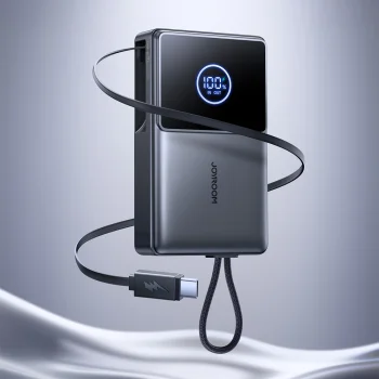 Joyroom JR-PR1 10000mAh 22.5W išorinė baterija su integruotu USB-C laidu, juoda