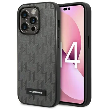 Karl Lagerfeld Saffiano Mono Metal Logo dėklas iPhone 14 Pro Max, pilkas