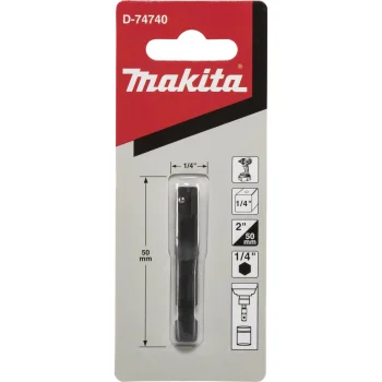 Smūginis galvučių adapteris Makita D-74740, 1/4" šešiakampis į 1/4" keturkampį, 50 mm