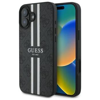 Guess dėklas iPhone 16 telefonui 4G Printed Stripes MagSafe, juodas