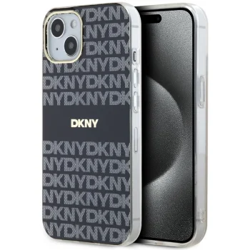 DKNY dėklas iPhone 15 Plus telefonui IML Mono & Stripe MagSafe, juodas