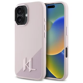 Karl Lagerfeld dėklas iPhone 16 telefonui Silicone Shadow Metal Initial MagSafe, rožinis