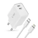 Tech-Protect C35W įkroviklis 2x USB-C PD 35W su USB-C - Lightning laidu, baltas
