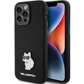 Karl Lagerfeld dėklas iPhone 15 Pro Max, Silicone Choupette Metal Pin, juodas