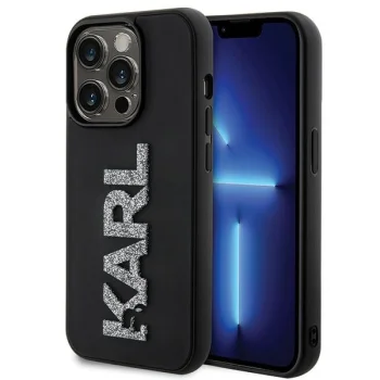 Karl Lagerfeld dėklas iPhone 15 Pro Max su 3D blizgiu logotipu, juodas