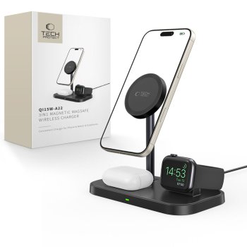 „Tech-Protect QI15W-A22“ trijų viename „MagSafe“ belaidis įkroviklis, juodas