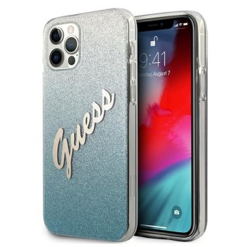 Guess iPhone 12 Pro Max dėklas Glitter Gradient Script, mėlynas