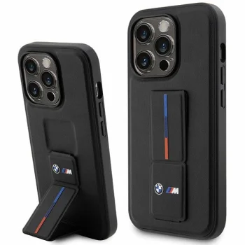 BMW Grip Stand Hot Stamp dėklas, skirtas iPhone 14 Pro, juodas