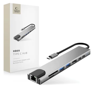 Tech-Protect HB09 „8-in-1“ USB-C šakotuvas (HDMI 4K, PD 100W, RJ45), pilkas
