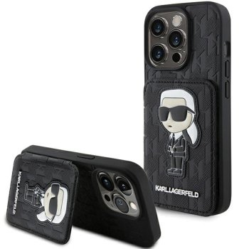 Apple iPhone 15 Pro Max 6.7" Karl Lagerfeld Saffiano Cardslots and Stand Monogram Ikonik Patch Case Cover, Black