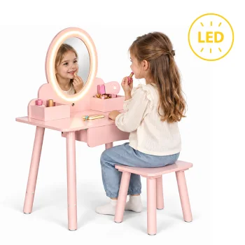 Vaikiškas medinis kosmetinis staliukas su LED veidrodžiu ir kėdute ECOTOYS, rožinis