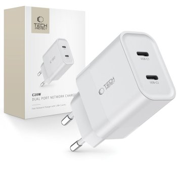 Tech-Protect C20W įkroviklis 2x USB-C PD 20W, baltas